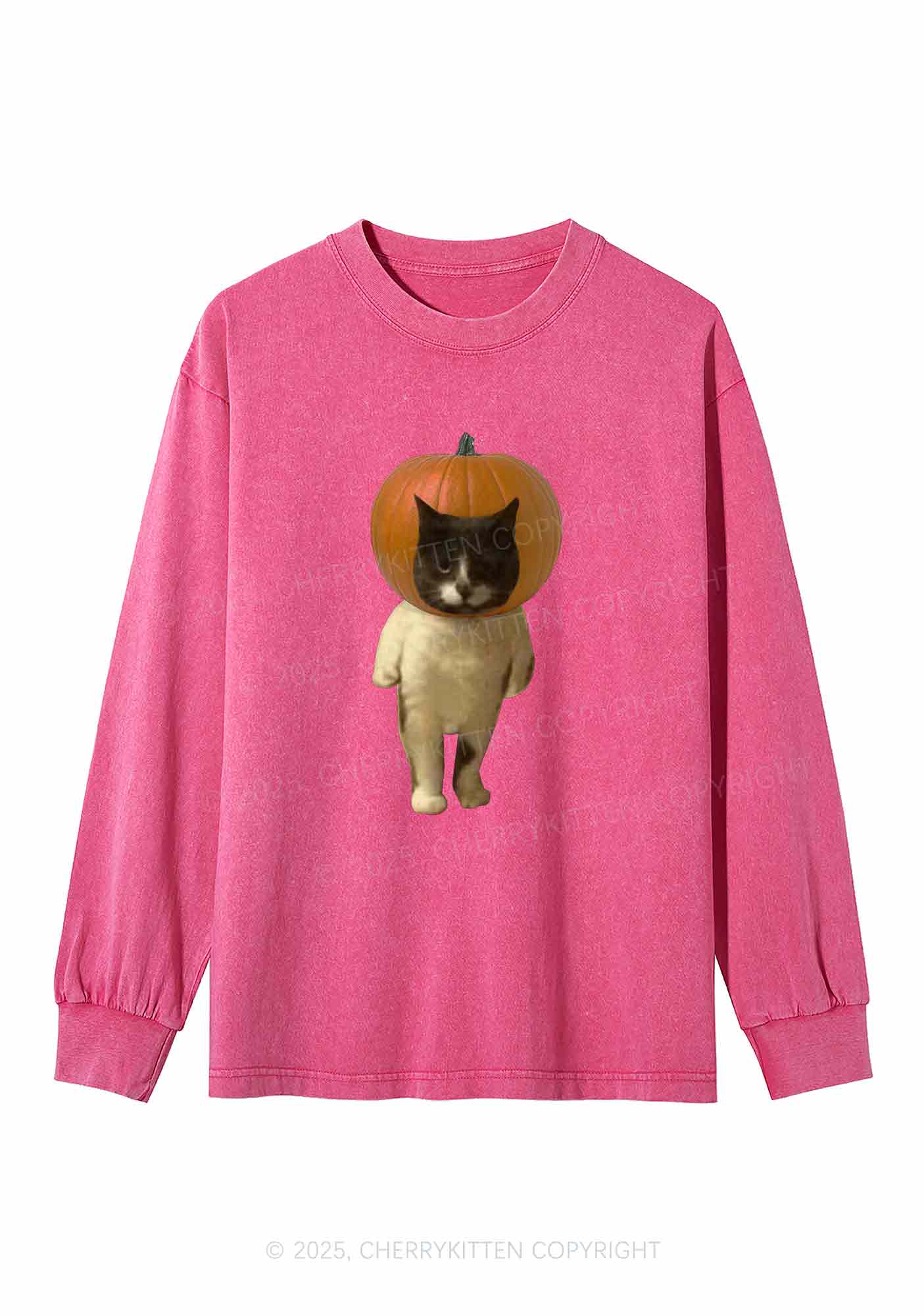 Halloween Pumpkin Head Cat Y2K Washed Long Sleeves Cherrykitten