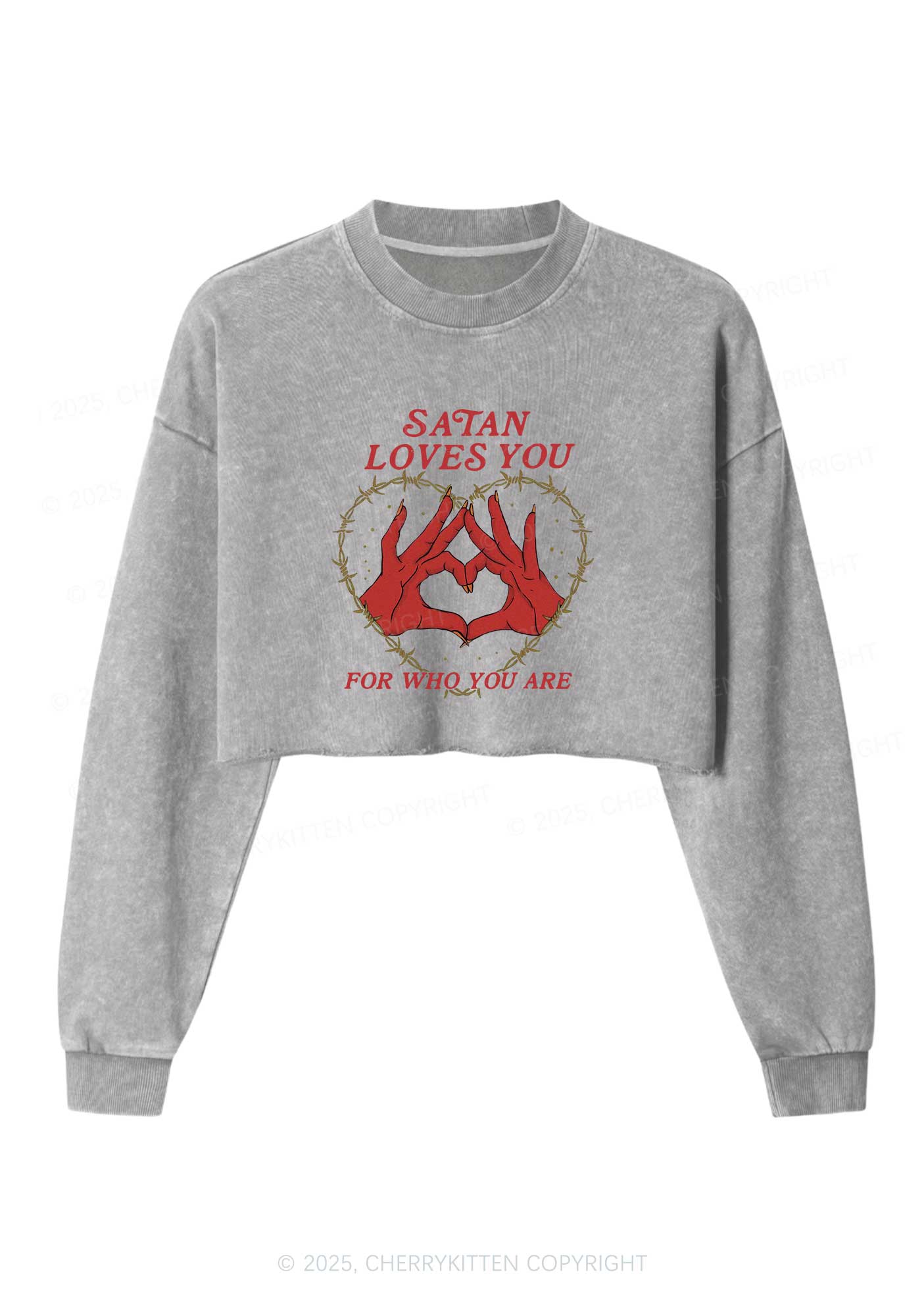 Halloween Satan Loves You Heart Y2K Crop Washed Sweatshirts Cherrykitten