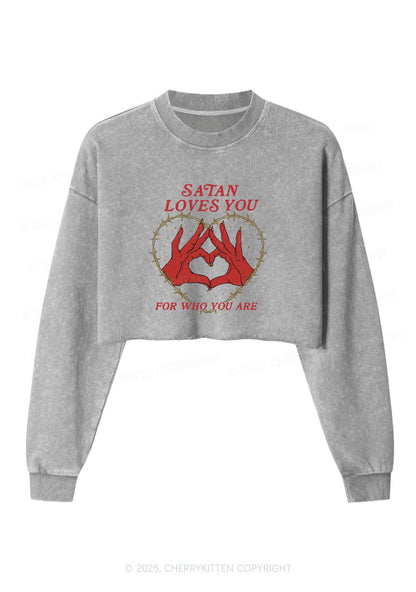 Halloween Satan Loves You Heart Y2K Crop Washed Sweatshirts Cherrykitten