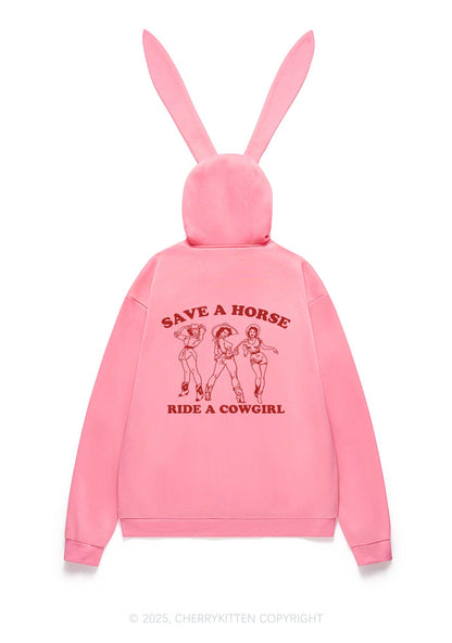 Ride A Cowgirl Pride Y2K Bunny Ear Zip Hoodie Cherrykitten