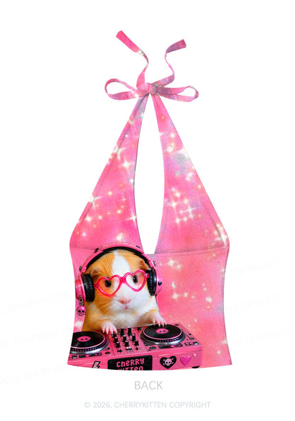 DJ Guinea Pig Y2K Print Halter Deep V Neck Cami Cherrykitten