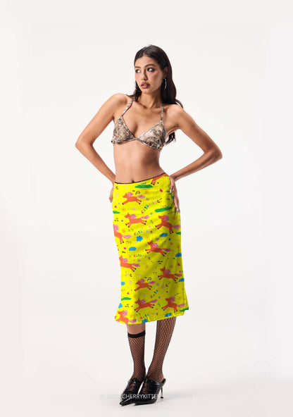 Orange Pony On Yellow Y2K Print Midi Skirt Cherrykitten