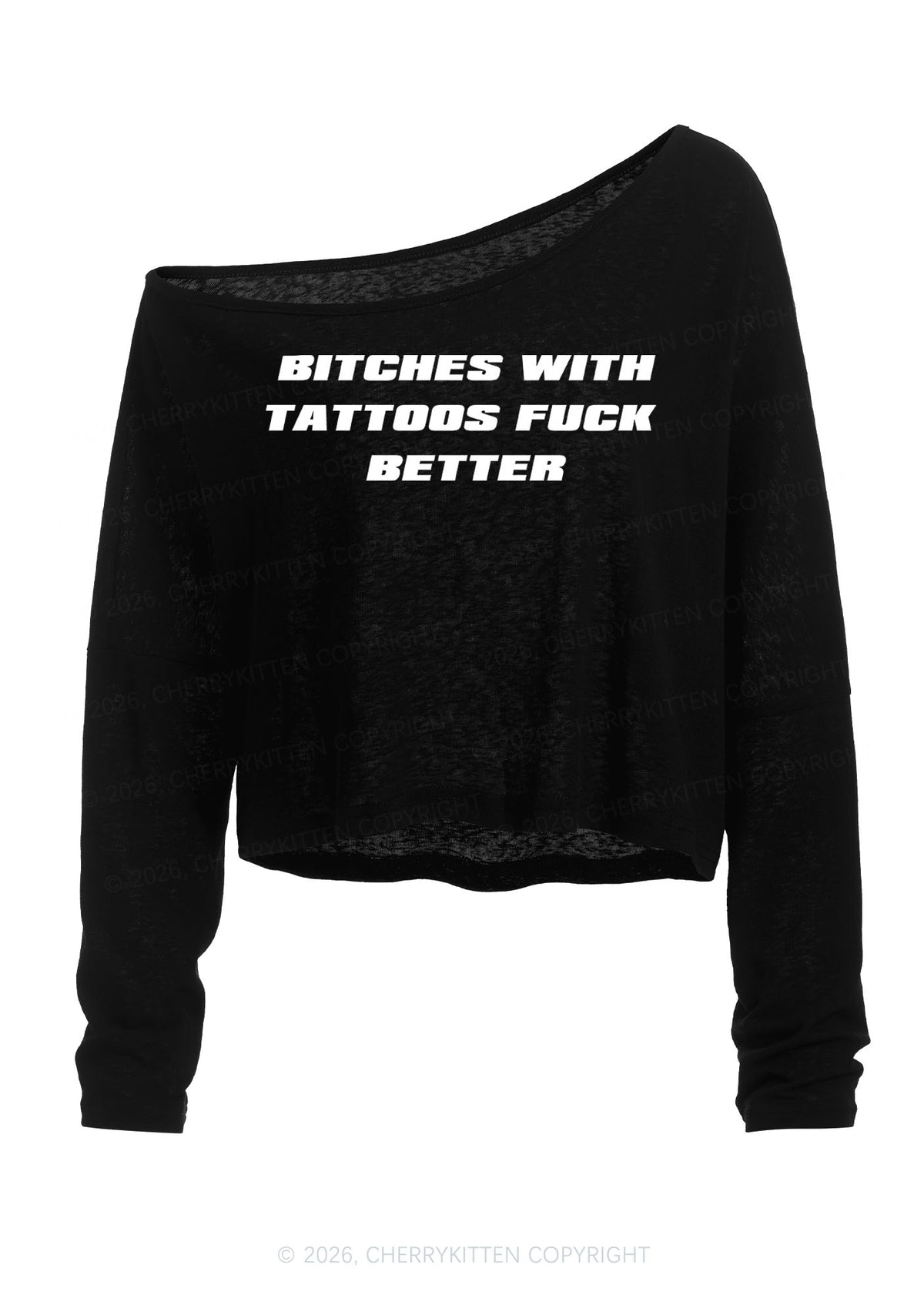 Bxxches With Tattoos Fxxk Better Y2K Off Shoulder Long Sleeve Crop Top Cherrykitten