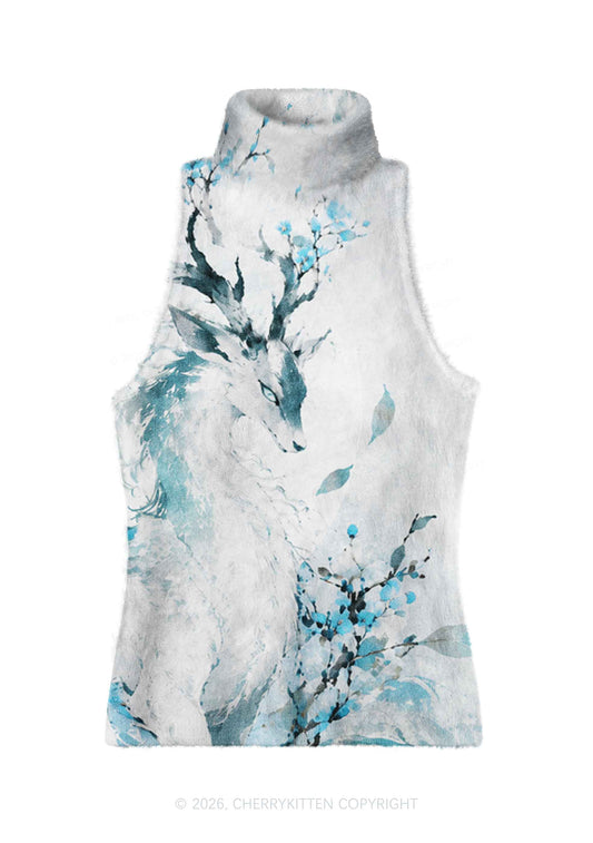 Blue Floral Deer Y2K Knit Turtleneck Tank Top Cherrykitten