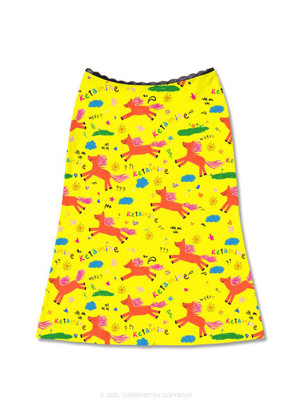 Orange Pony On Yellow Y2K Print Midi Skirt Cherrykitten