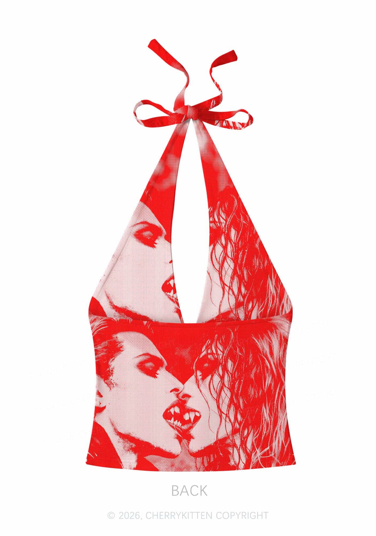 Halloween Red Pixels Vampire Couple Y2K Print Halter Deep V Neck Cami Cherrykitten