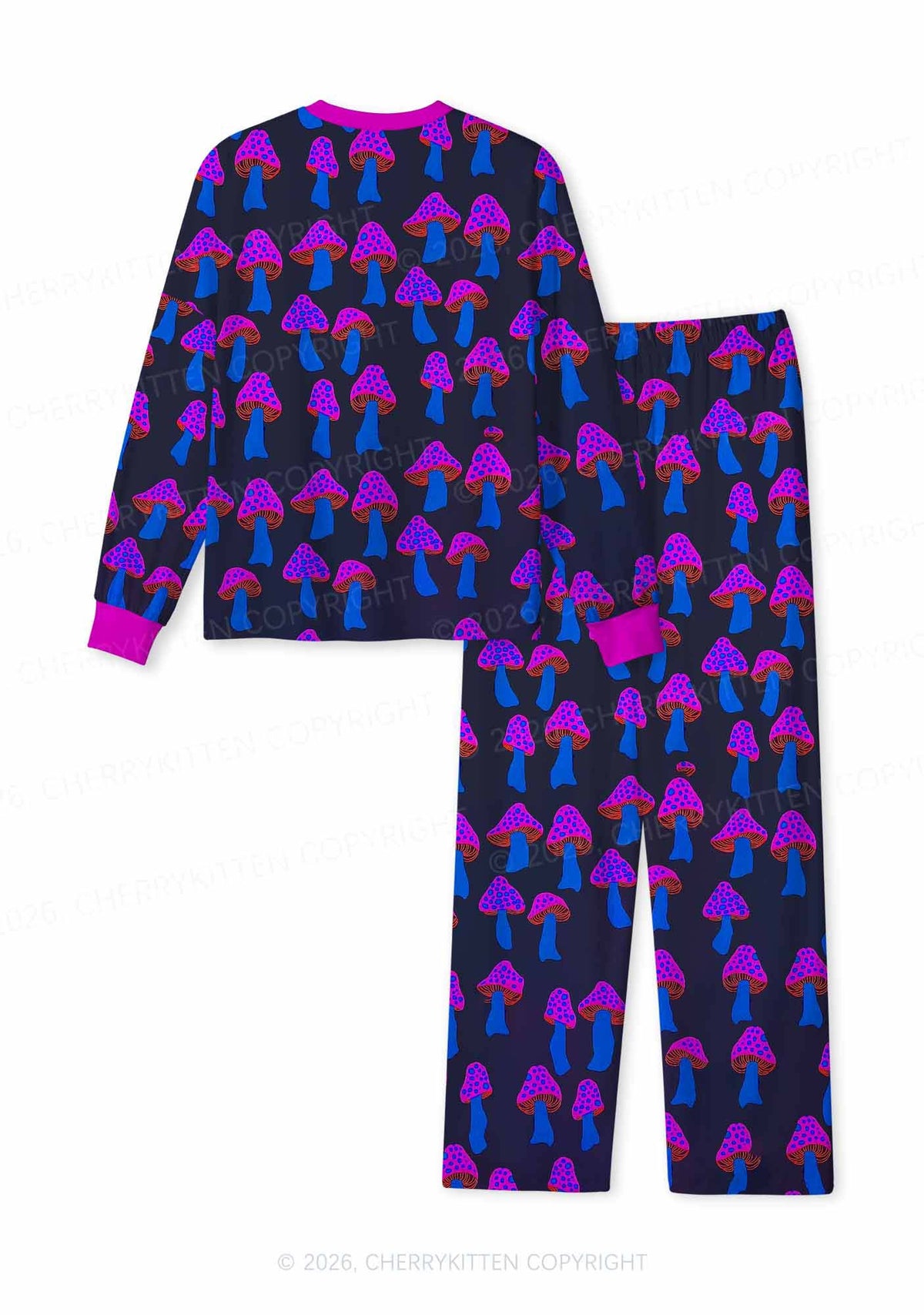 Blue Mushroom Y2K Print Long Sleeve Pajama Set Cherrykitten