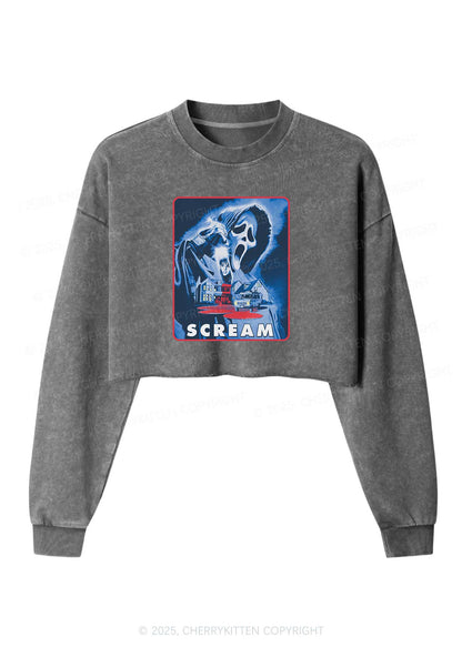 Halloween Scream Y2K Crop Washed Sweatshirts Cherrykitten