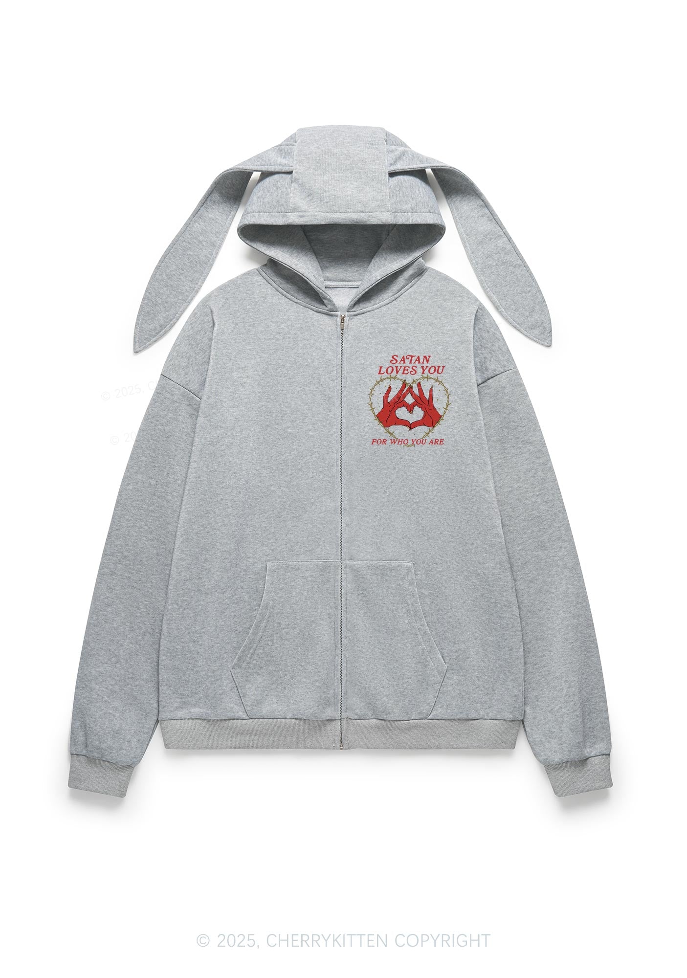 Halloween Satan Loves You Heart Y2K Bunny Ear Zip Hoodie Cherrykitten