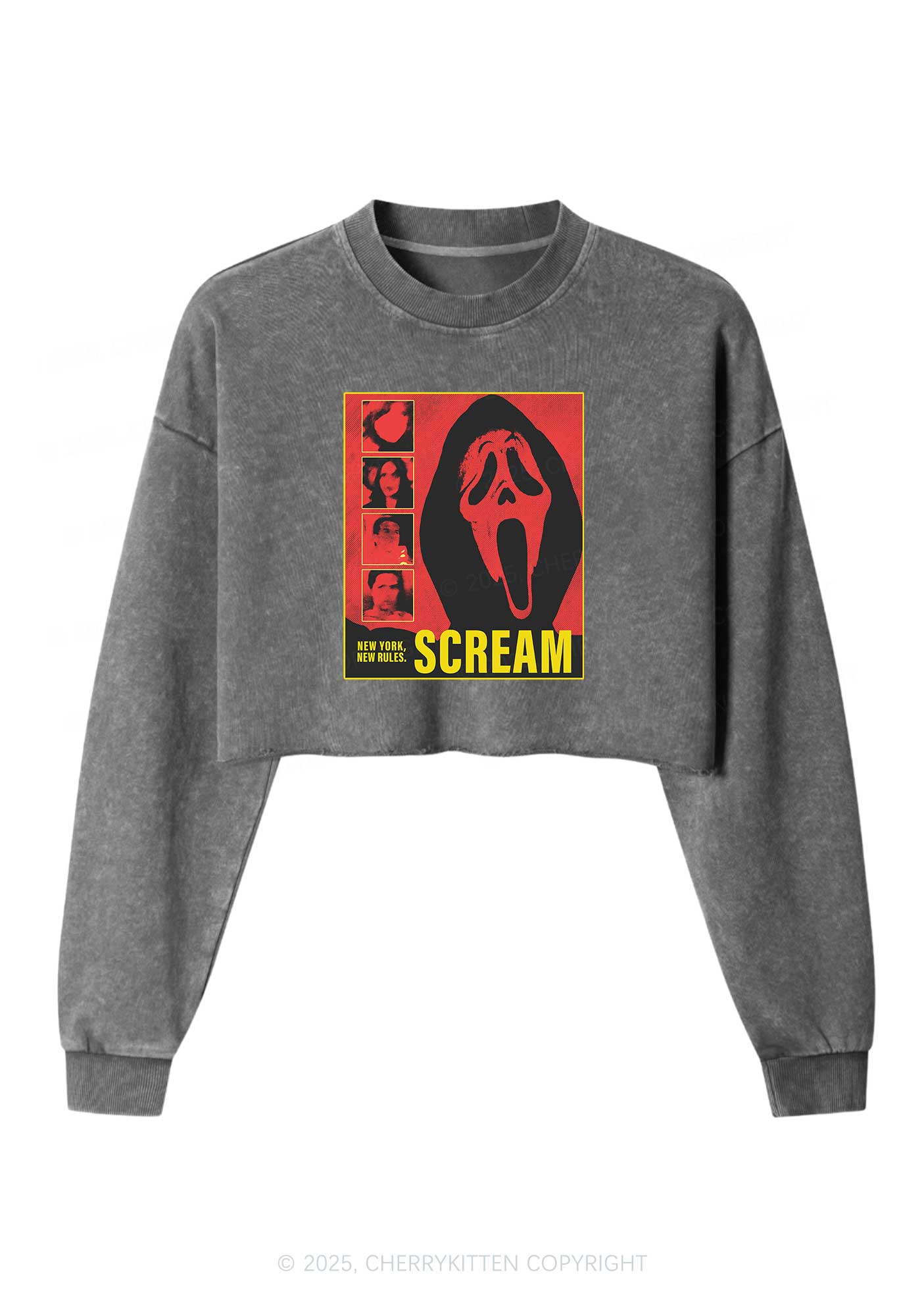 Halloween Scream New York Y2K Crop Washed Sweatshirts Cherrykitten