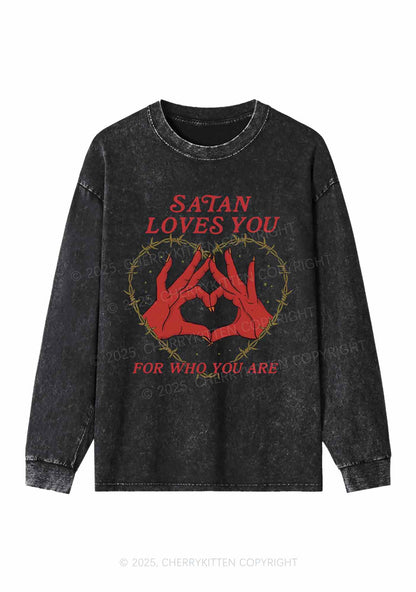 Halloween Satan Loves You Heart Y2K Washed Long Sleeves Cherrykitten
