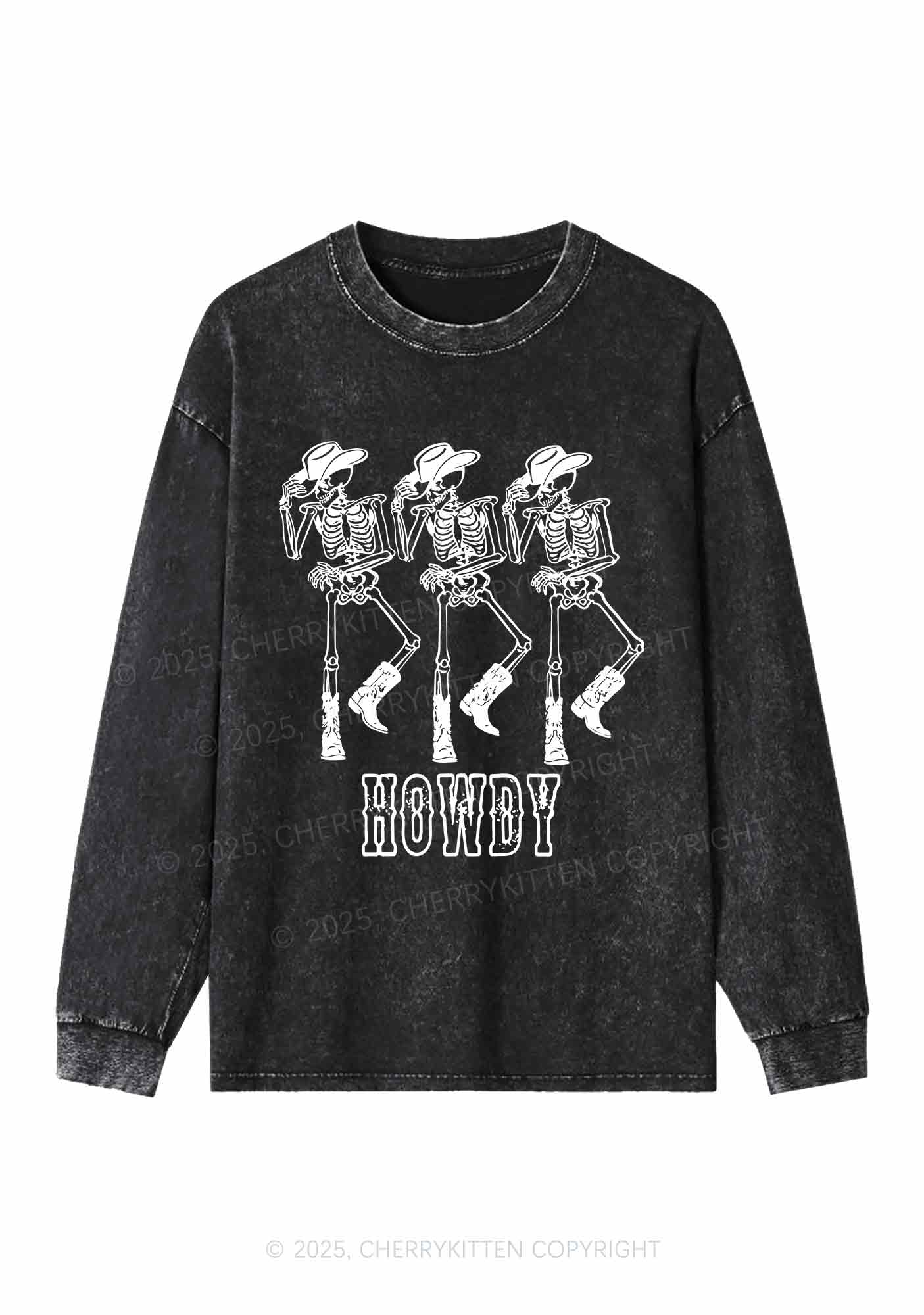 Halloween Howdy Dancing Skeletons Y2K Washed Long Sleeves Cherrykitten