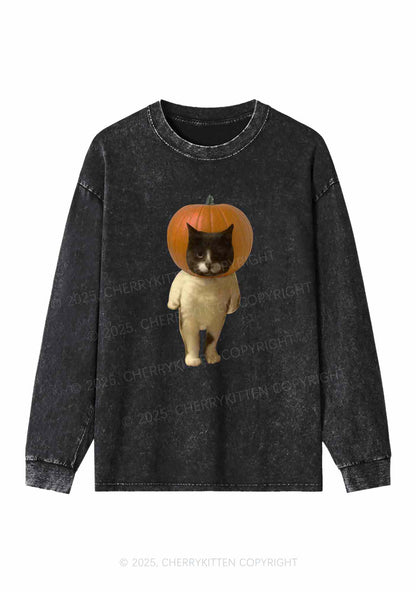 Halloween Pumpkin Head Cat Y2K Washed Long Sleeves Cherrykitten