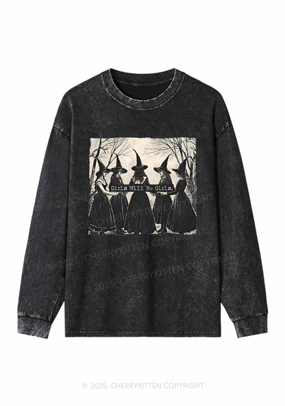 Halloween Girls Will Be Girls Y2K Washed Long Sleeves Cherrykitten