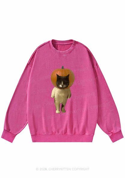 Halloween Pumpkin Head Cat Y2K Washed Sweatshirts Cherrykitten
