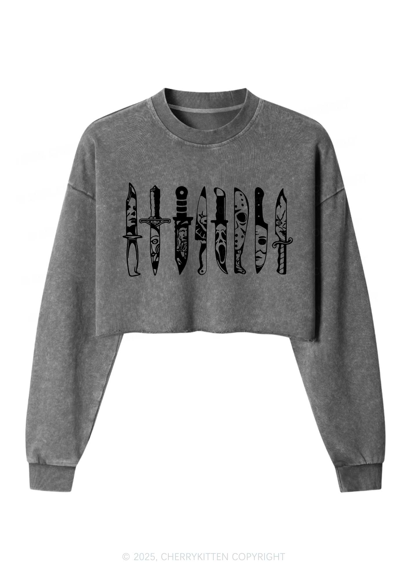 Halloween Grimace Daggers Y2K Crop Washed Sweatshirts Cherrykitten