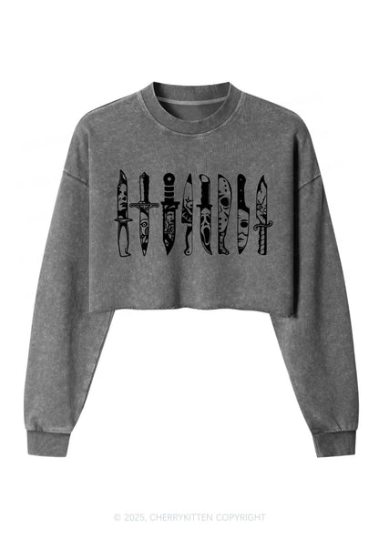 Halloween Grimace Daggers Y2K Crop Washed Sweatshirts Cherrykitten