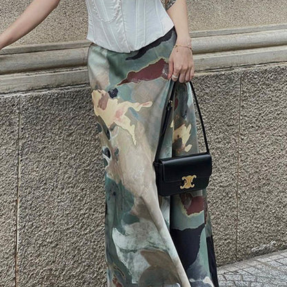 Chinese Style Watercolor Print Midi Skirt