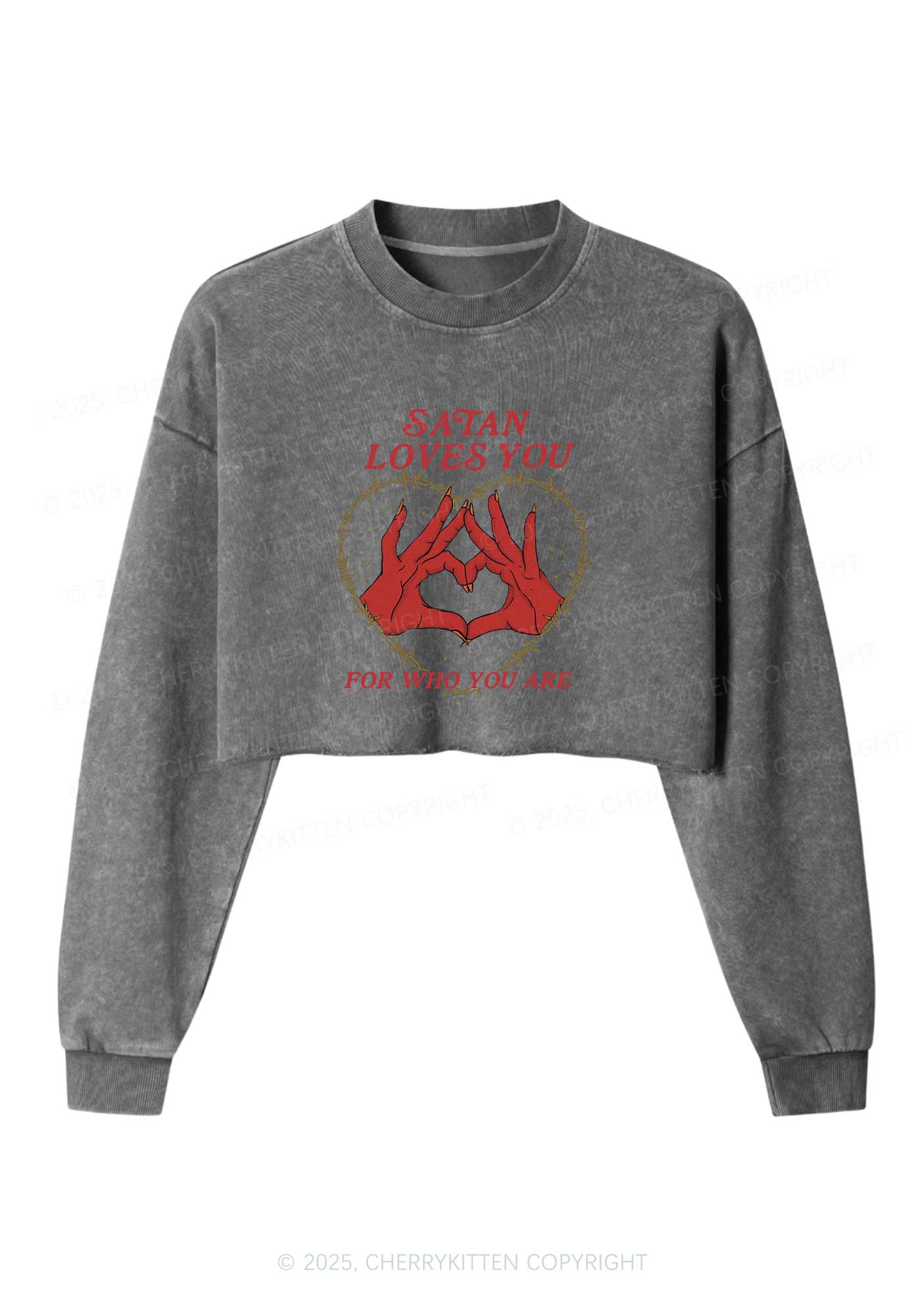 Halloween Satan Loves You Heart Y2K Crop Washed Sweatshirts Cherrykitten