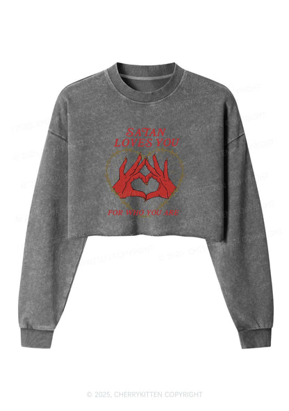 Halloween Satan Loves You Heart Y2K Crop Washed Sweatshirts Cherrykitten