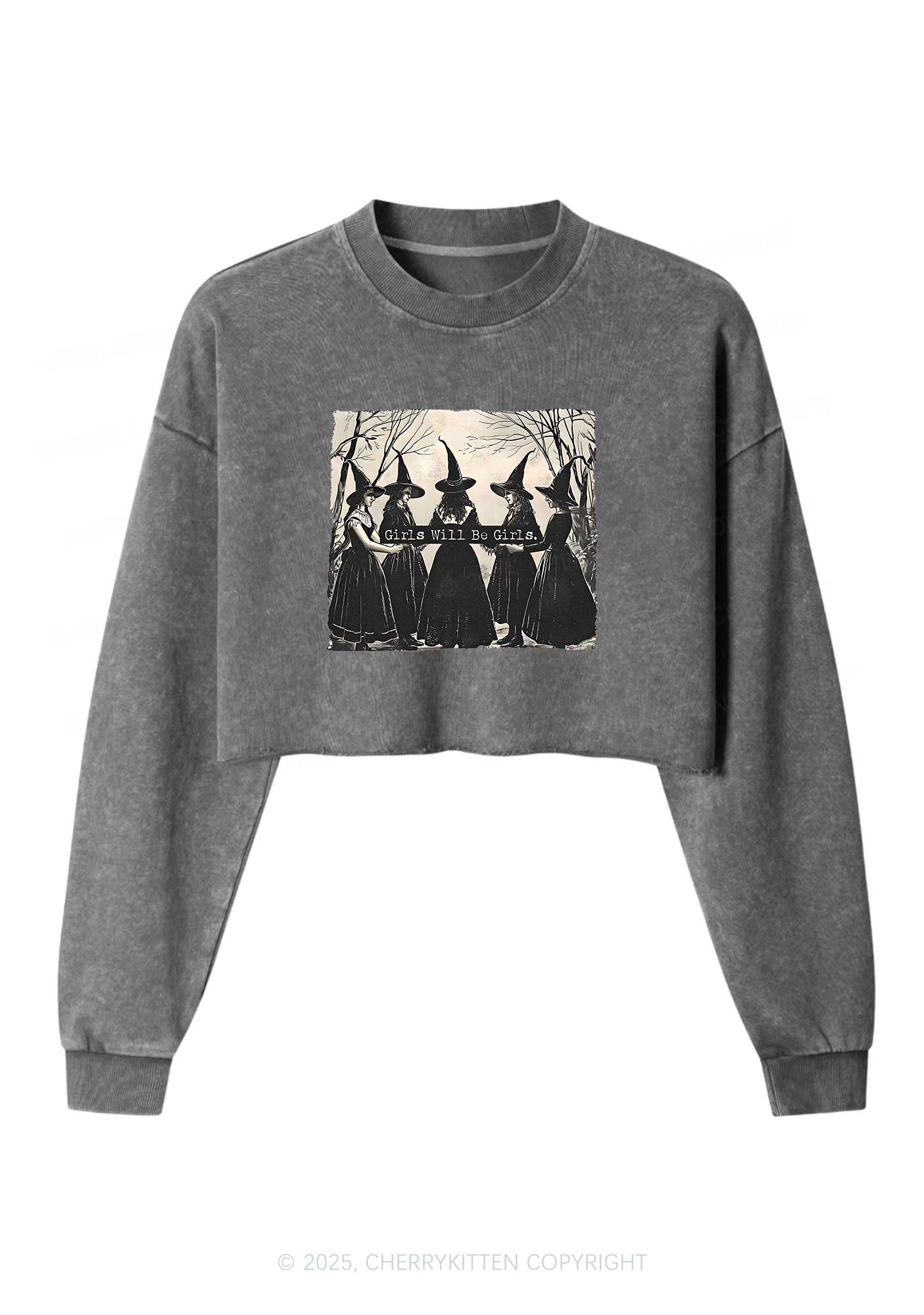 Halloween Girls Will Be Girls Y2K Crop Washed Sweatshirts Cherrykitten