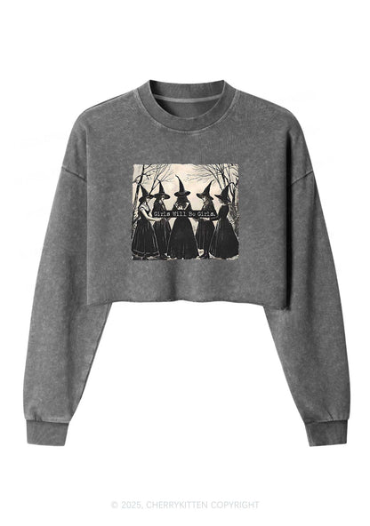 Halloween Girls Will Be Girls Y2K Crop Washed Sweatshirts Cherrykitten
