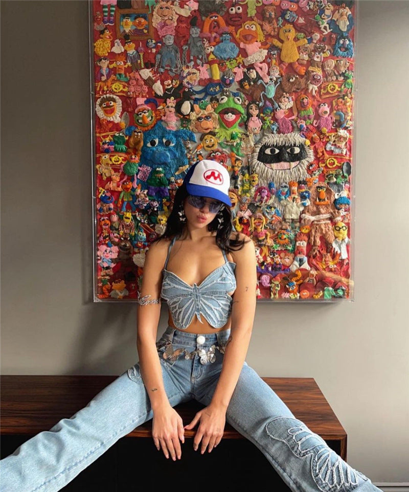 Denim Butterfly Embroidered Halter Corset Top