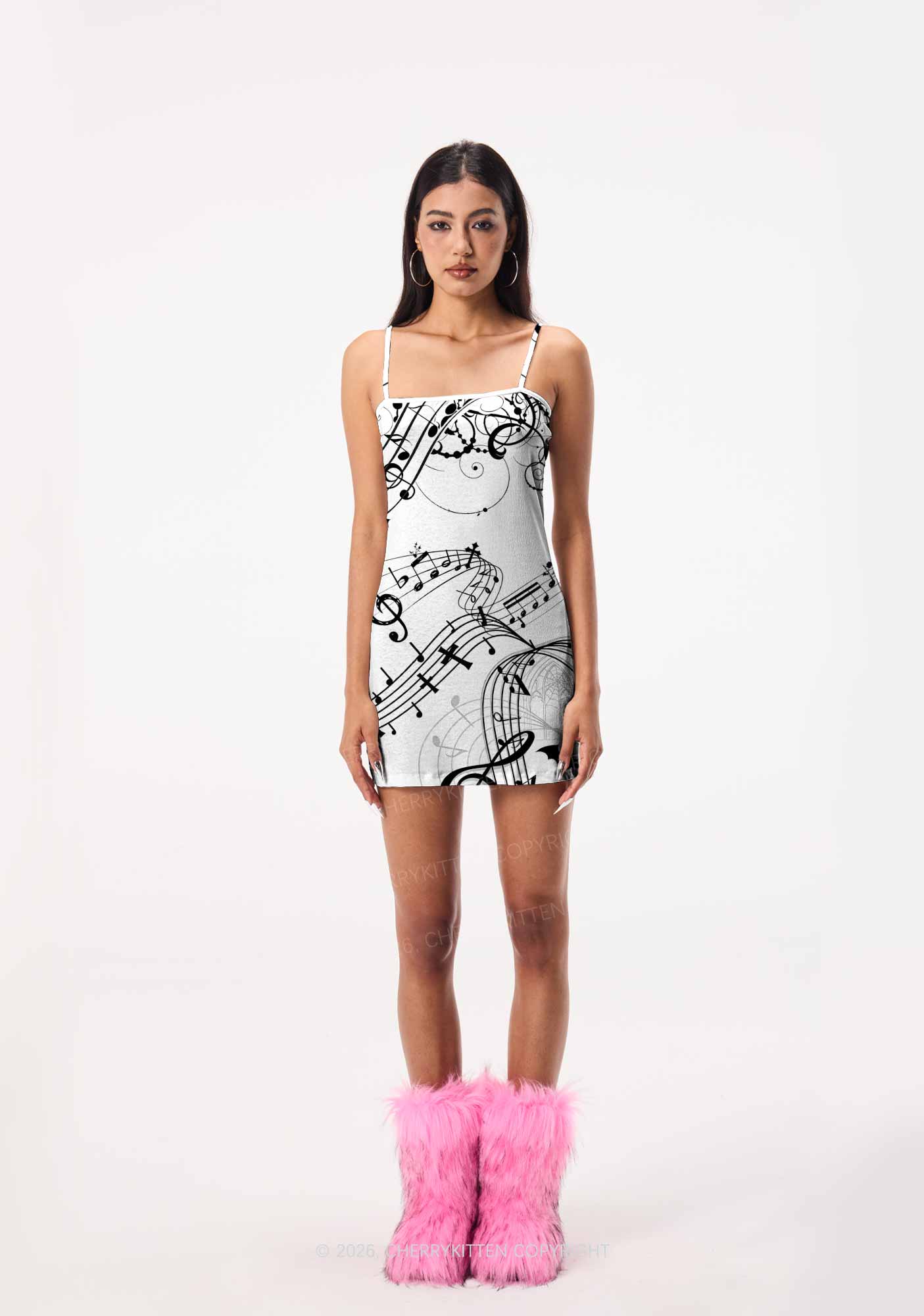 Halloween Gothic Music Note Cross Bat Y2K Print Slip Dress Cherrykitten