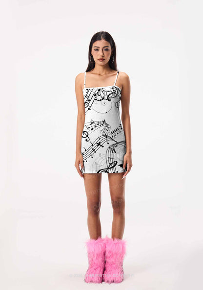 Halloween Gothic Music Note Cross Bat Y2K Print Slip Dress Cherrykitten