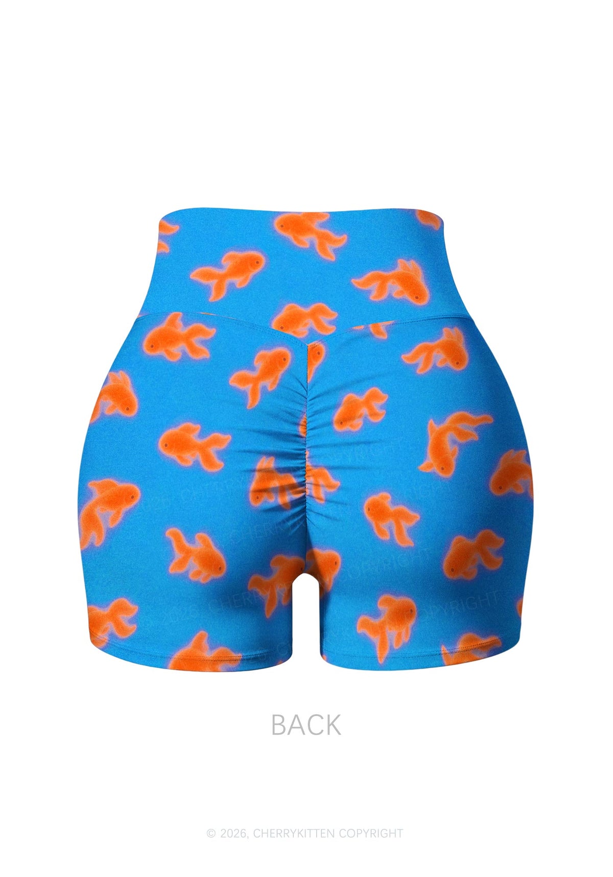 Orange Goldfish On Blue Y2K Print Gym Shorts Cherrykitten