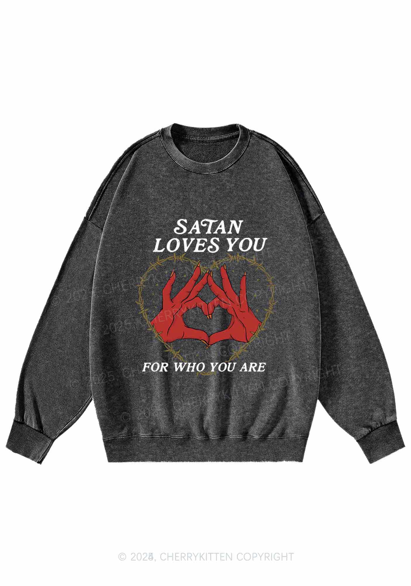 Halloween Satan Loves You Heart Y2K Washed Sweatshirts Cherrykitten