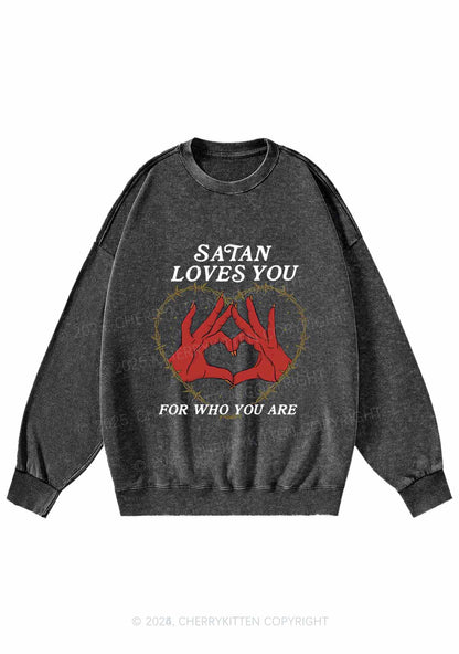 Halloween Satan Loves You Heart Y2K Washed Sweatshirts Cherrykitten