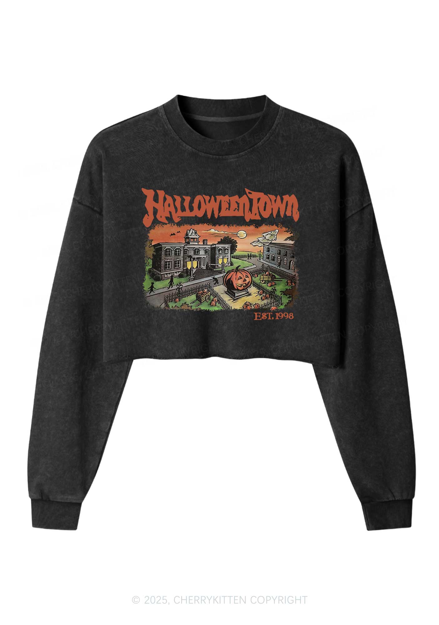Halloween Town Y2K Crop Washed Sweatshirts Cherrykitten