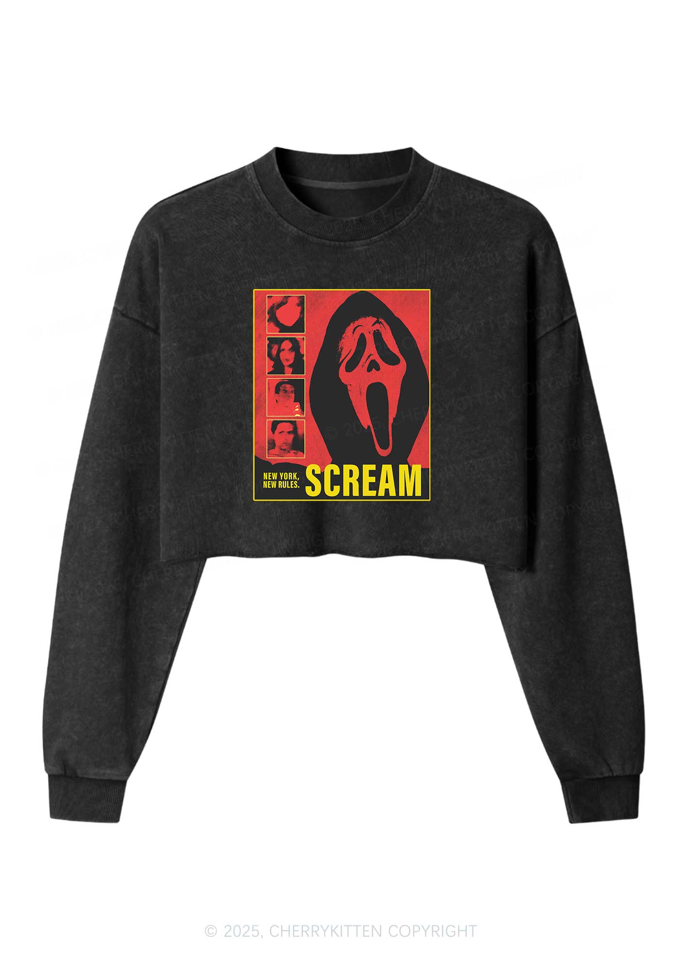 Halloween Scream New York Y2K Crop Washed Sweatshirts Cherrykitten