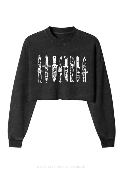 Halloween Grimace Daggers Y2K Crop Washed Sweatshirts Cherrykitten