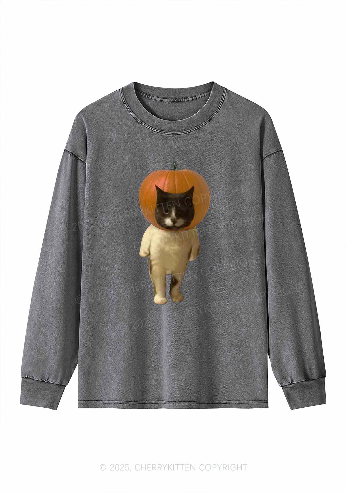 Halloween Pumpkin Head Cat Y2K Washed Long Sleeves Cherrykitten