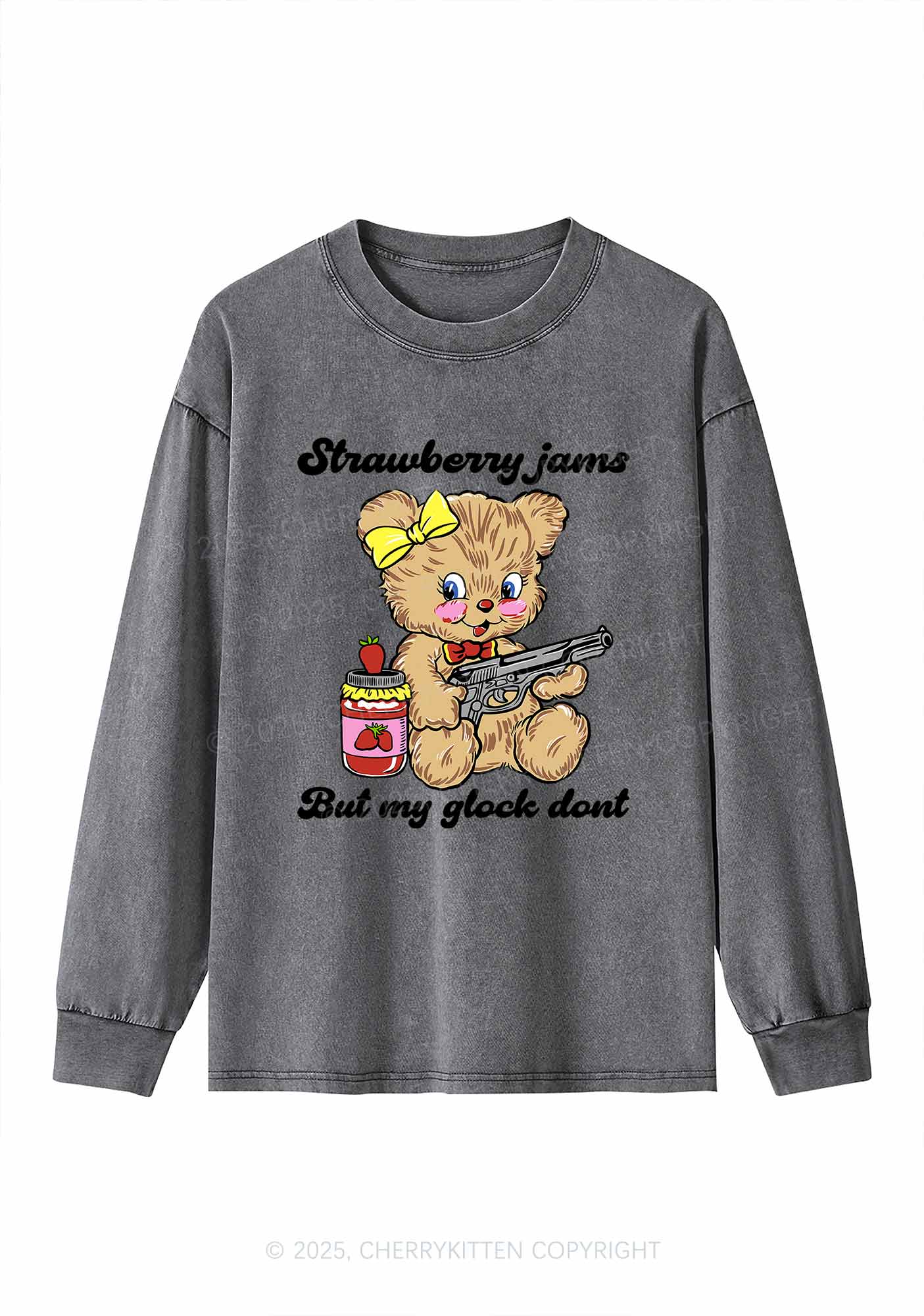 Strawberry Jams Bear Y2K Washed Long Sleeves Cherrykitten