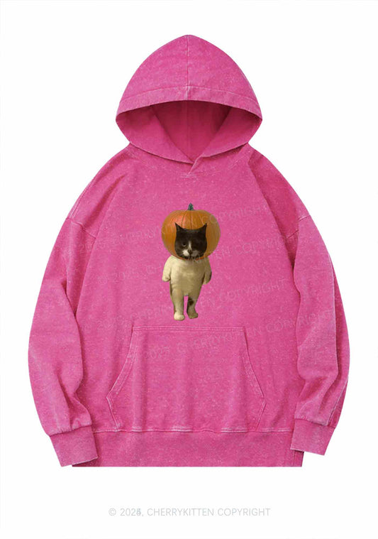 Halloween Pumpkin Head Cat Y2K Washed Hoodie Cherrykitten