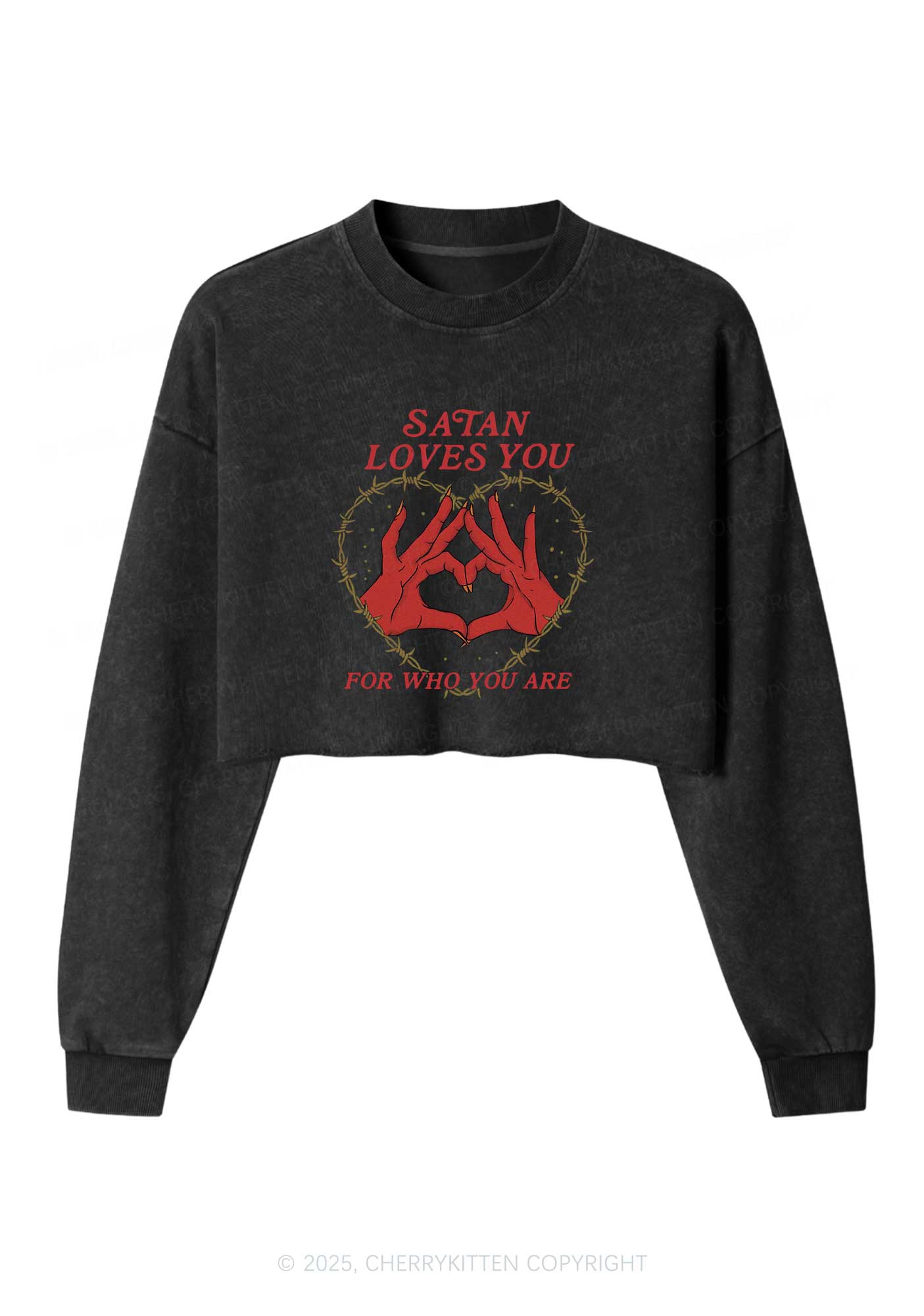 Halloween Satan Loves You Heart Y2K Crop Washed Sweatshirts Cherrykitten