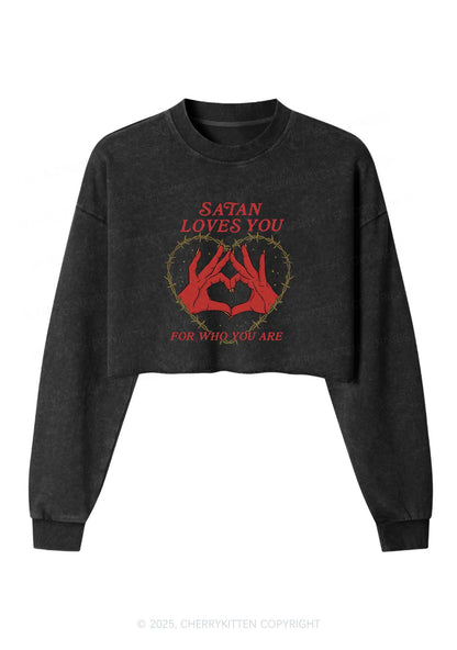 Halloween Satan Loves You Heart Y2K Crop Washed Sweatshirts Cherrykitten
