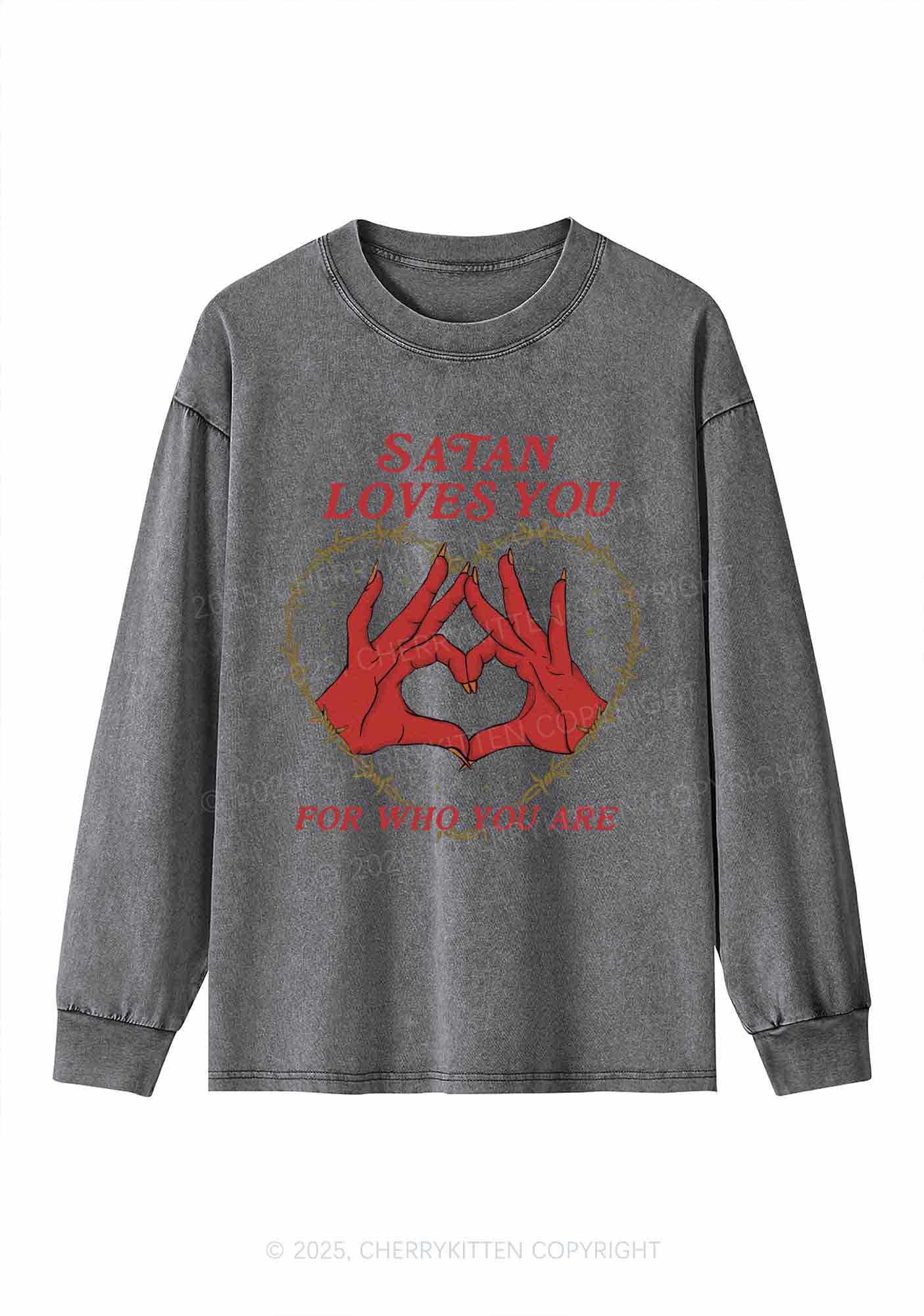 Halloween Satan Loves You Heart Y2K Washed Long Sleeves Cherrykitten
