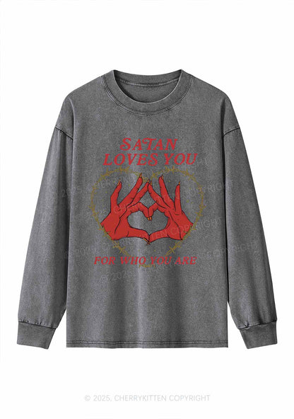 Halloween Satan Loves You Heart Y2K Washed Long Sleeves Cherrykitten