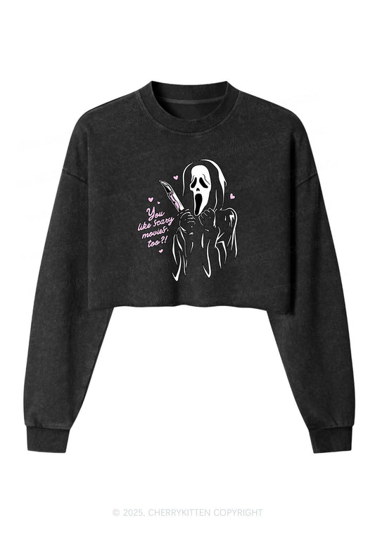 Halloween You Like Scary Movies Too Y2K Crop Washed Sweatshirts Cherrykitten