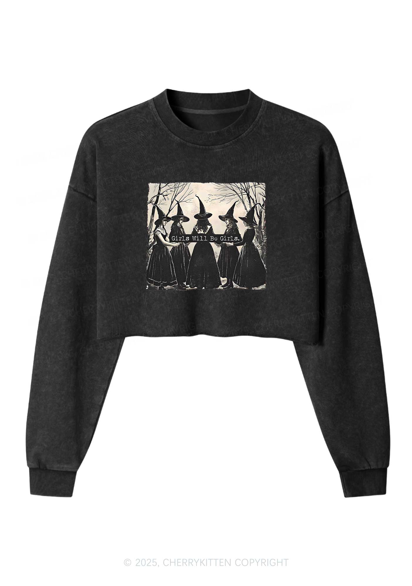 Halloween Girls Will Be Girls Y2K Crop Washed Sweatshirts Cherrykitten