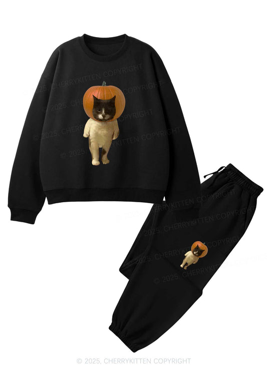 Halloween Pumpkin Head Cat Y2K Fleece Sweatshirts Set Cherrykitten