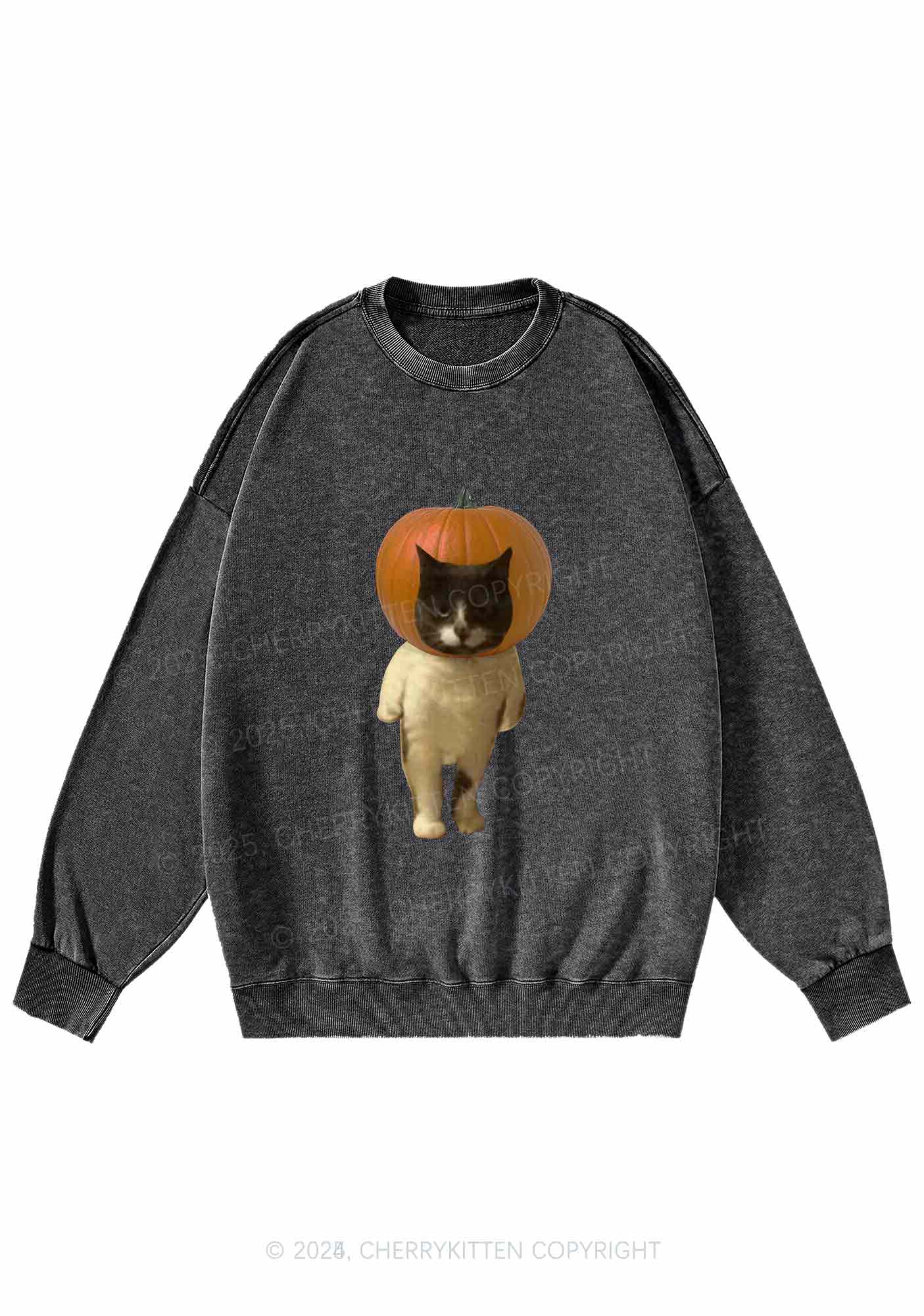 Halloween Pumpkin Head Cat Y2K Washed Sweatshirts Cherrykitten