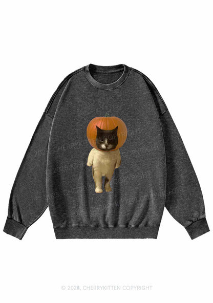 Halloween Pumpkin Head Cat Y2K Washed Sweatshirts Cherrykitten