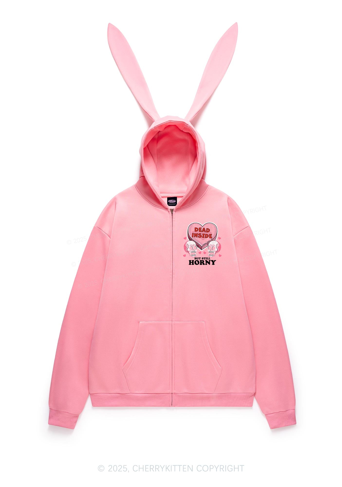 Halloween Dead Inside But Still Horxy Y2K Bunny Ear Zip Hoodie Cherrykitten