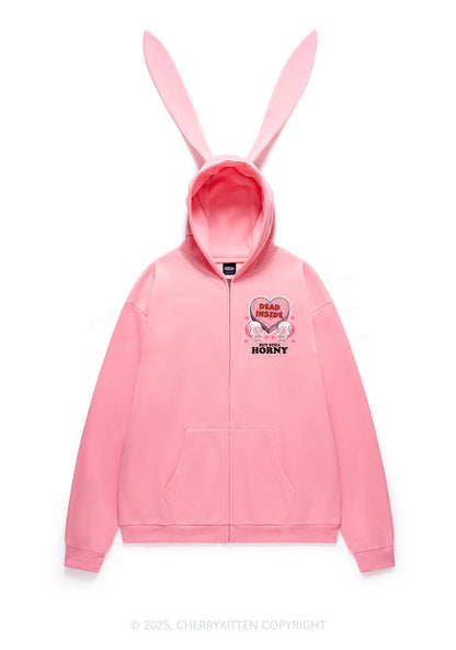 Halloween Dead Inside But Still Horxy Y2K Bunny Ear Zip Hoodie Cherrykitten