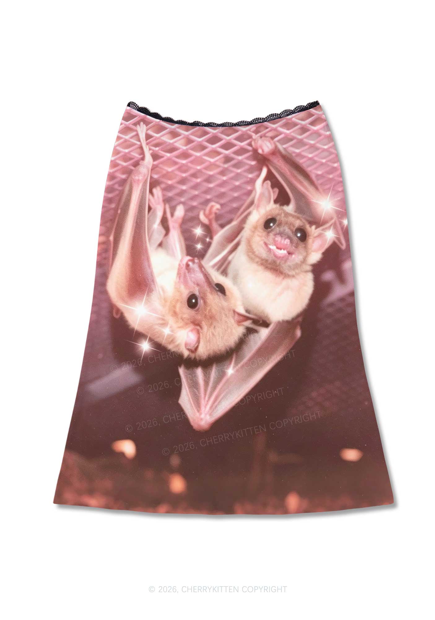 Halloween Two Baby Bats Y2K Print Midi Skirt Cherrykitten